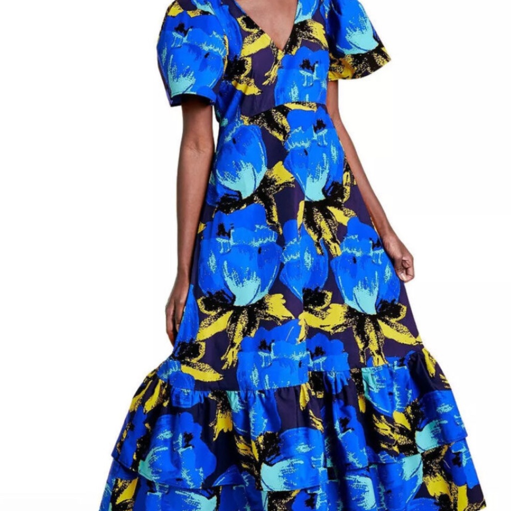 Christopher John Rogers Floral Blue and Yellow Maxi Dress